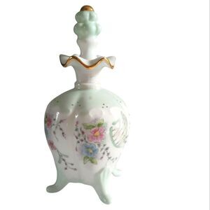 Vintage Floral Porcelain Perfume Bottle Trinket with Gold Accents and Stopper